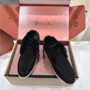 Loro Piana Black Fur-Accented Loafers